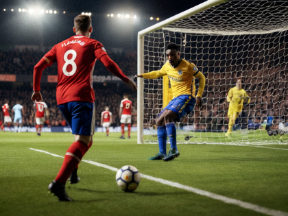 足球比赛中球员在禁区内起脚射门的瞬间，用于英超焦点战战报配图