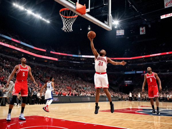 NBA篮球比赛现场球员突破上篮的瞬间